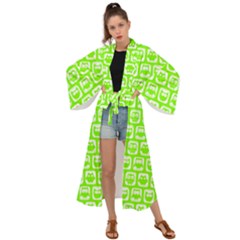 Lime Green And White Owl Pattern Maxi Kimono by GardenOfOphir