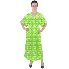 Lime Green And White Owl Pattern V-neck Boho Style Maxi Dress by GardenOfOphir