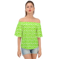 Lime Green And White Owl Pattern Off Shoulder Short Sleeve Top by GardenOfOphir