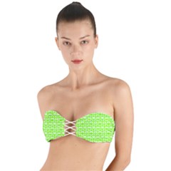 Lime Green And White Owl Pattern Twist Bandeau Bikini Top by GardenOfOphir