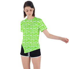 Lime Green And White Owl Pattern Asymmetrical Short Sleeve Sports Tee by GardenOfOphir