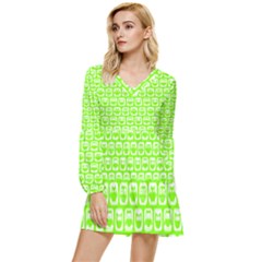 Lime Green And White Owl Pattern Tiered Long Sleeve Mini Dress by GardenOfOphir