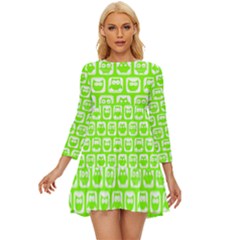 Lime Green And White Owl Pattern Long Sleeve Babydoll Dress by GardenOfOphir