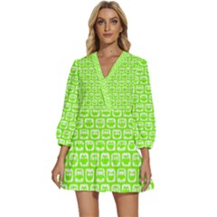 Lime Green And White Owl Pattern V-neck Placket Mini Dress by GardenOfOphir