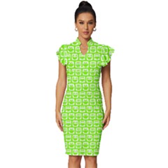 Lime Green And White Owl Pattern Vintage Frill Sleeve V-neck Bodycon Dress by GardenOfOphir