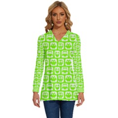 Lime Green And White Owl Pattern Long Sleeve Drawstring Hooded Top