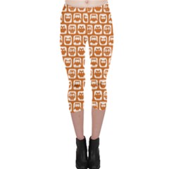 Orange And White Owl Pattern Capri Leggings  by GardenOfOphir