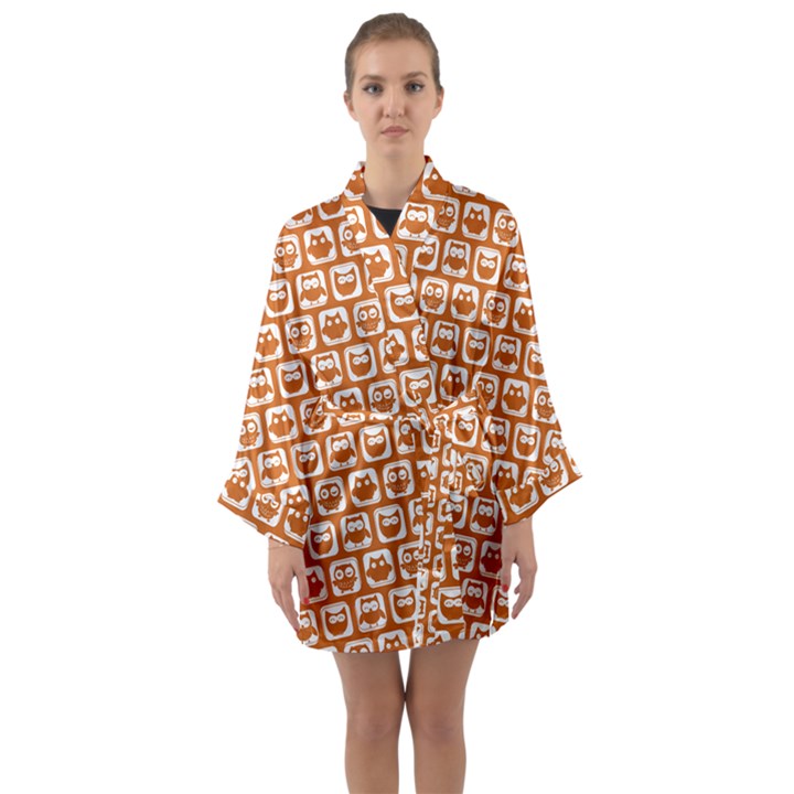 Orange And White Owl Pattern Long Sleeve Satin Kimono