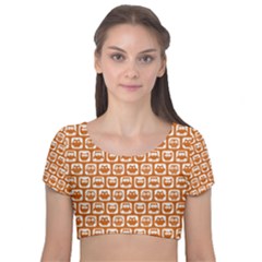 Orange And White Owl Pattern Velvet Short Sleeve Crop Top  by GardenOfOphir