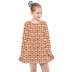 Orange And White Owl Pattern Kids  Long Sleeve Dress by GardenOfOphir