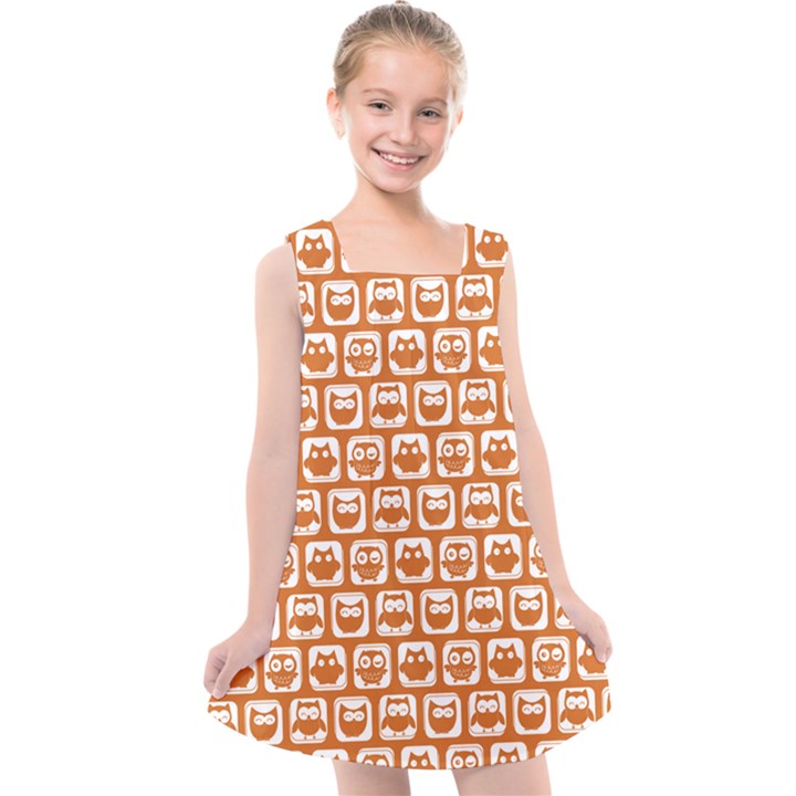 Orange And White Owl Pattern Kids  Cross Back Dress