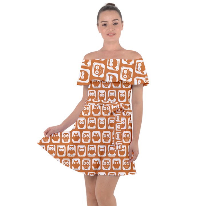 Orange And White Owl Pattern Off Shoulder Velour Dress