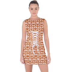 Orange And White Owl Pattern Lace Up Front Bodycon Dress by GardenOfOphir