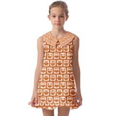 Orange And White Owl Pattern Kids  Pilgrim Collar Ruffle Hem Dress by GardenOfOphir