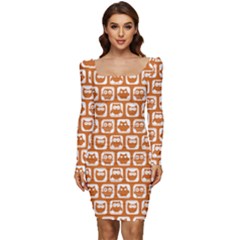 Orange And White Owl Pattern Women Long Sleeve Ruched Stretch Jersey Dress by GardenOfOphir