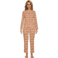 Orange And White Owl Pattern Womens  Long Sleeve Lightweight Pajamas Set by GardenOfOphir