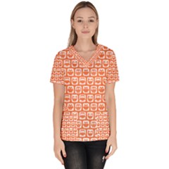 Coral And White Owl Pattern Women s V-neck Scrub Top by GardenOfOphir