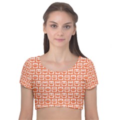 Coral And White Owl Pattern Velvet Short Sleeve Crop Top  by GardenOfOphir