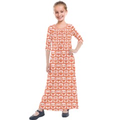 Coral And White Owl Pattern Kids  Quarter Sleeve Maxi Dress by GardenOfOphir