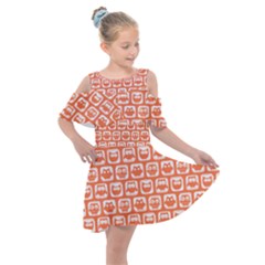 Coral And White Owl Pattern Kids  Shoulder Cutout Chiffon Dress by GardenOfOphir