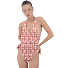 Coral And White Owl Pattern Backless Halter One Piece Swimsuit by GardenOfOphir