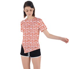 Coral And White Owl Pattern Asymmetrical Short Sleeve Sports Tee by GardenOfOphir