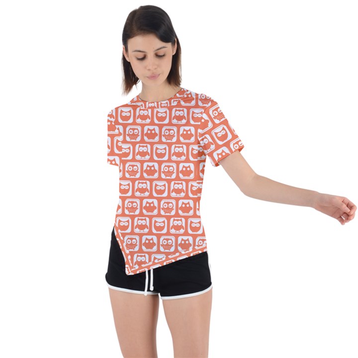 Coral And White Owl Pattern Asymmetrical Short Sleeve Sports Tee