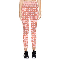 Coral And White Owl Pattern Pocket Leggings  by GardenOfOphir