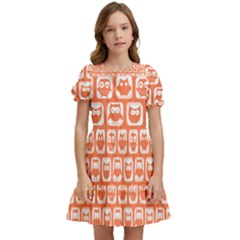 Coral And White Owl Pattern Kids  Puff Sleeved Dress by GardenOfOphir