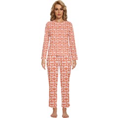 Coral And White Owl Pattern Womens  Long Sleeve Lightweight Pajamas Set by GardenOfOphir