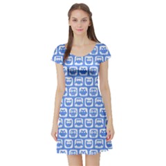 Blue And White Owl Pattern Short Sleeve Skater Dress by GardenOfOphir