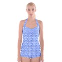 Blue And White Owl Pattern Boyleg Halter Swimsuit  View1