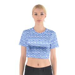 Blue And White Owl Pattern Cotton Crop Top by GardenOfOphir