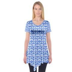 Blue And White Owl Pattern Short Sleeve Tunic  by GardenOfOphir