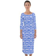 Blue And White Owl Pattern Quarter Sleeve Midi Bodycon Dress by GardenOfOphir