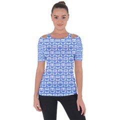 Blue And White Owl Pattern Shoulder Cut Out Short Sleeve Top by GardenOfOphir