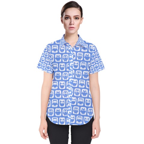 Blue And White Owl Pattern Women s Short Sleeve Shirt by GardenOfOphir