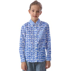 Blue And White Owl Pattern Kids  Long Sleeve Shirt by GardenOfOphir