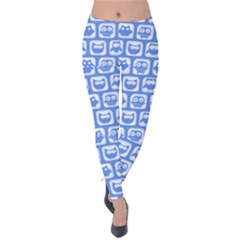 Blue And White Owl Pattern Velvet Leggings by GardenOfOphir