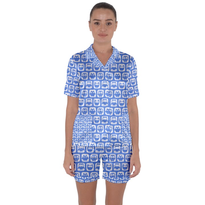 Blue And White Owl Pattern Satin Short Sleeve Pajamas Set