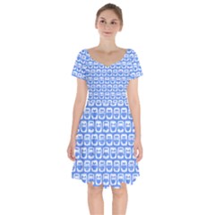 Blue And White Owl Pattern Short Sleeve Bardot Dress by GardenOfOphir