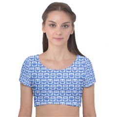 Blue And White Owl Pattern Velvet Short Sleeve Crop Top  by GardenOfOphir