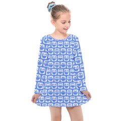 Blue And White Owl Pattern Kids  Long Sleeve Dress by GardenOfOphir