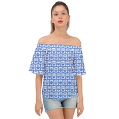 Blue And White Owl Pattern Off Shoulder Short Sleeve Top by GardenOfOphir