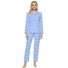 Blue And White Owl Pattern Womens  Long Sleeve Velvet Pocket Pajamas Set by GardenOfOphir