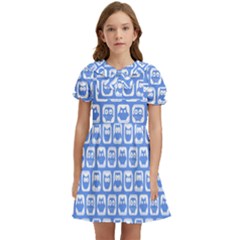 Blue And White Owl Pattern Kids  Bow Tie Puff Sleeve Dress by GardenOfOphir