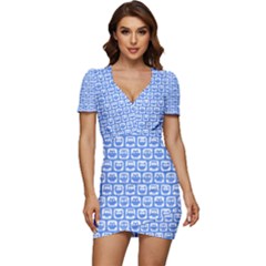 Blue And White Owl Pattern Low Cut Cap Sleeve Mini Dress by GardenOfOphir