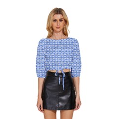 Blue And White Owl Pattern Mid Sleeve Drawstring Hem Top