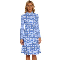 Blue And White Owl Pattern Long Sleeve Shirt Collar A-line Dress by GardenOfOphir