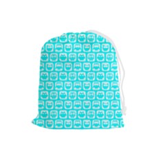 Aqua Turquoise And White Owl Pattern Drawstring Pouch (large) by GardenOfOphir